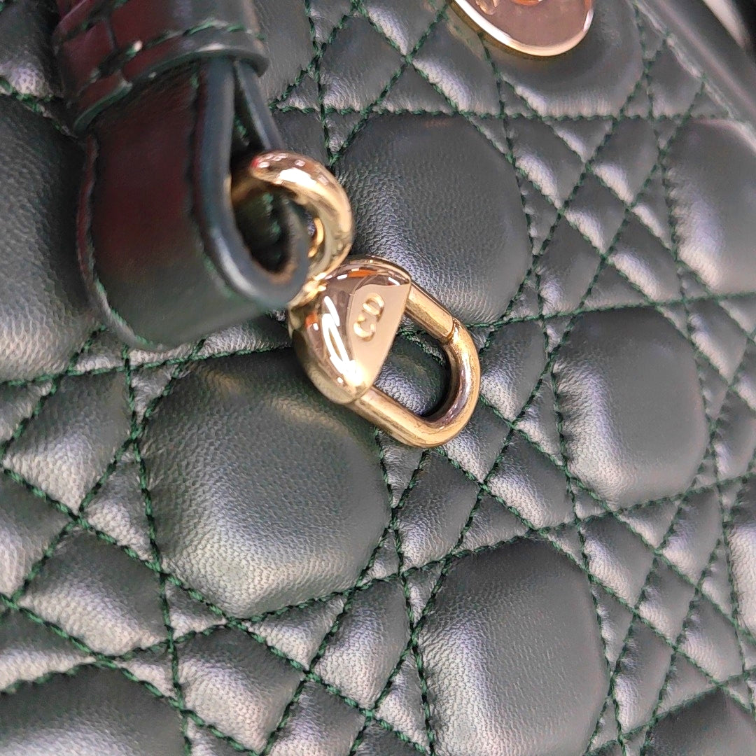 DIOR Lady Dior Small Dark Green Lamb Skin Quilted Diagonal Bag 4-Compartment Single Shoulder Bag Crossbody Handbag with Gold Hardware and Removable Shoulder Strap-(SKU)-968076065