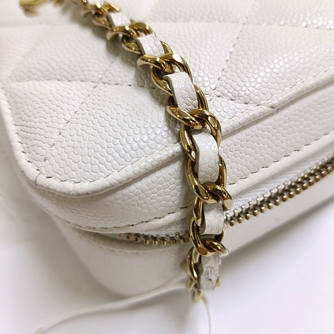 CHANEL SURPIQUE White Calfskin Quilted Monogram Crossbody Single Shoulder Bag with Gold Hardware-(SKU)-966839667