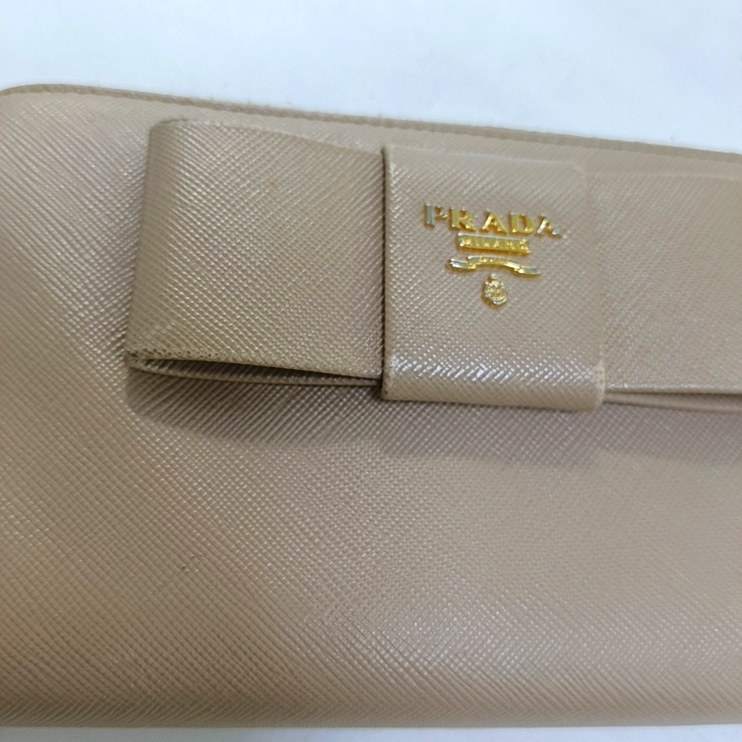 PRADA Fiocco Bow Nude Pink Cowhide Crosshatch Wallet Golden hardware-(SKU)-959793170