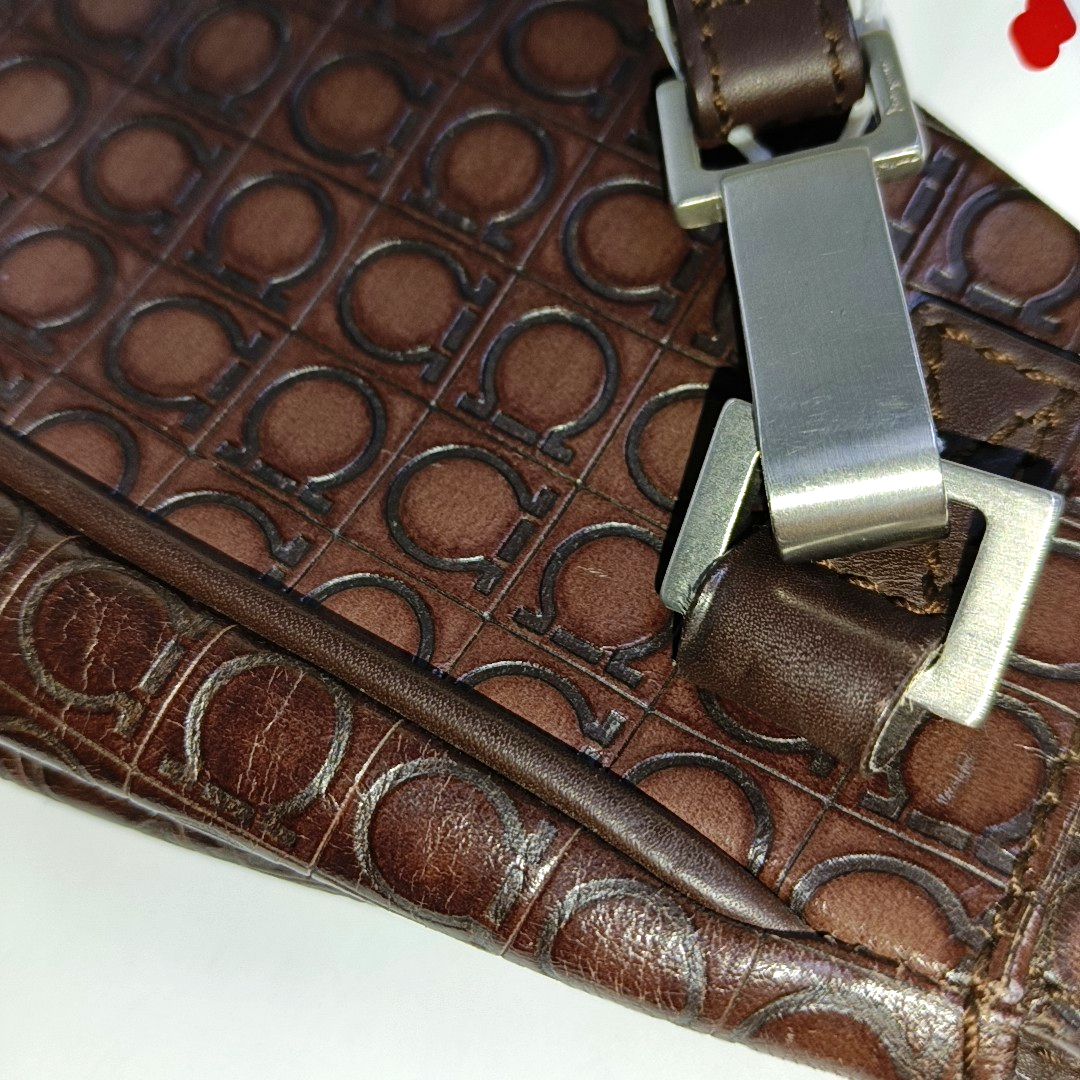 FERRAGAMO Chocolate Brown Leather Embossed Clutch Silver Hardware-(SKU)-942092439