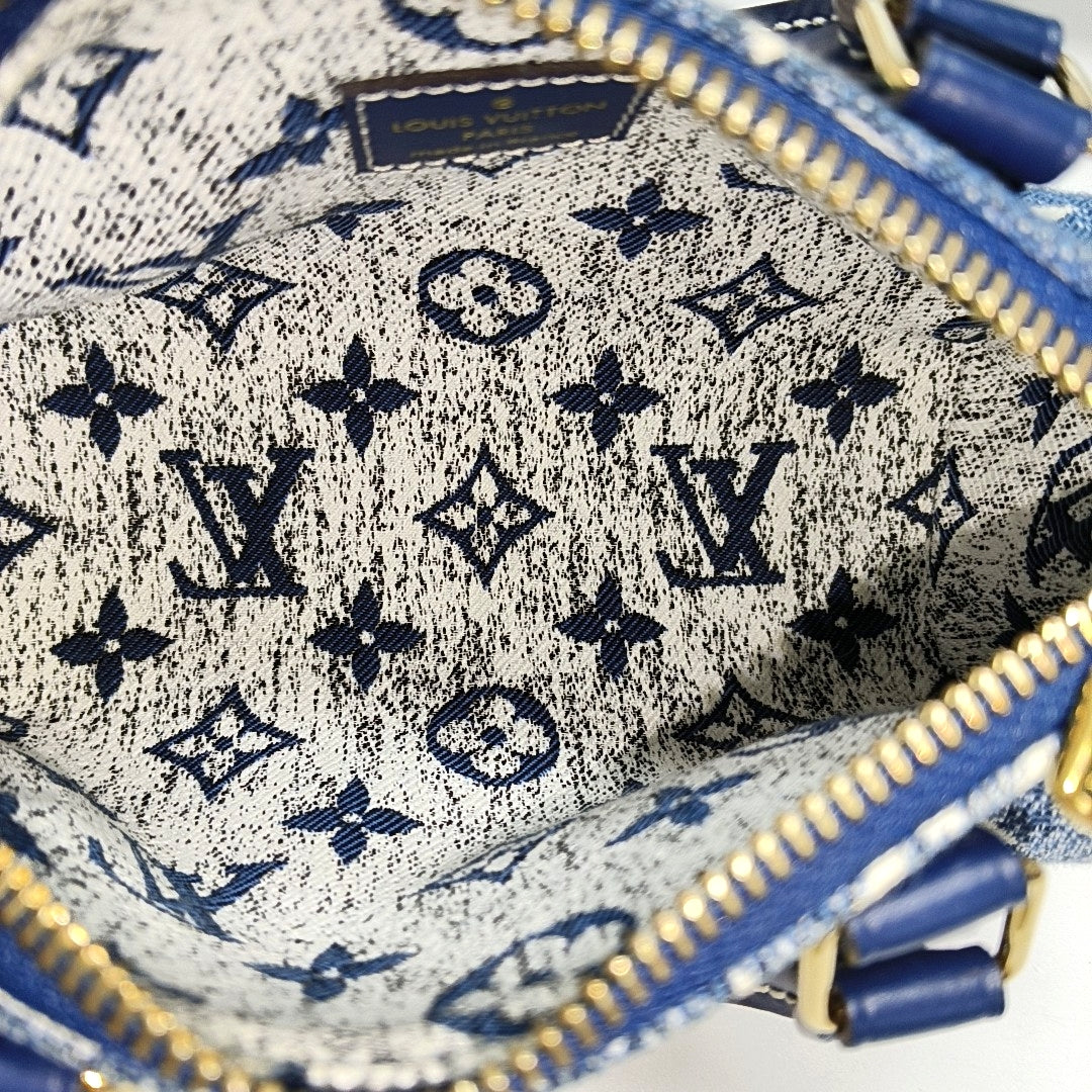 LOUIS VUITTON SPEEDY Nano Deep Blue Denim Monogram Boston Bag Shoulder Bag Tote Bag Crossbody Bag Gold Hardware Removable Strap-(SKU)-970980154