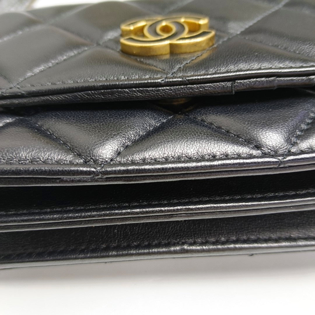 CHANEL WOC Black Lamb Skin Quilted Intrecciato Crossbody Bag, Shoulder Bag, Golden Hardware, 31 Clasp-(SKU)-970987317