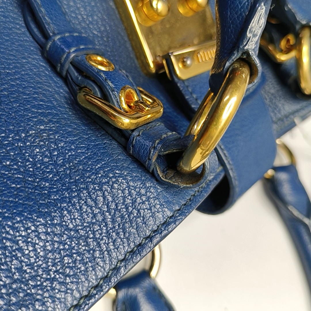 Miu Miu Tote bag Blue Cowhide Crumpled Shoulder Bag Single Shoulder Bag Crossbody Bag Golden hardware Removable shoulder strap-(SKU)-950926688