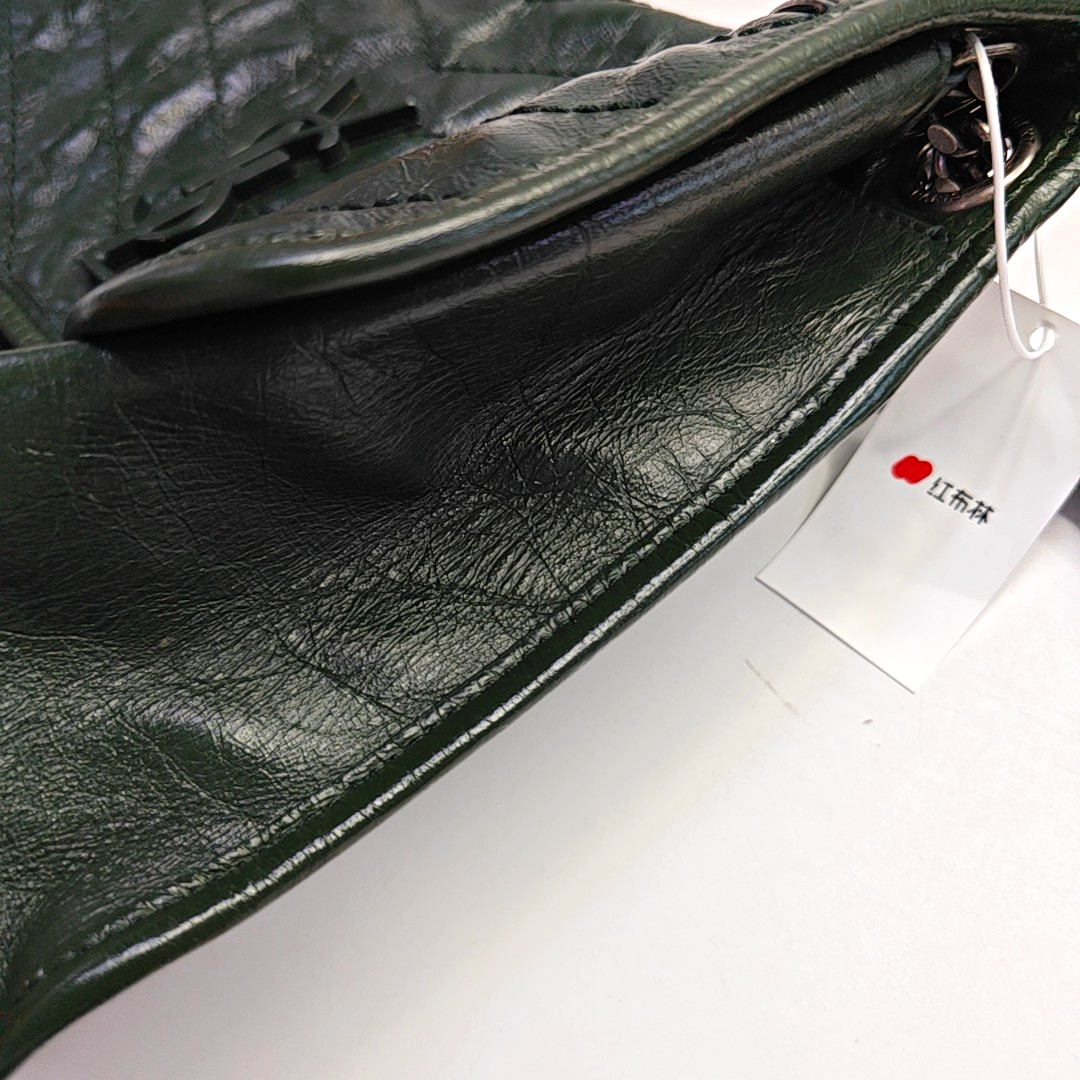 YSL NIKI Medium Size Dark Green Calf Leather V-Stitch Crinkle Single Shoulder Bag Crossbody Bag Black Hardware-(SKU)-961734723
