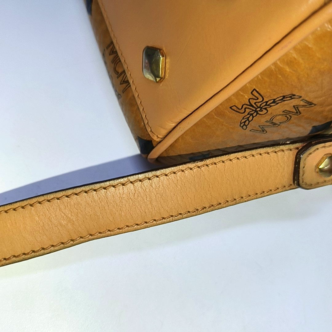 MCM ESSENTIAL Cognac Coated Canvas Monogram Print Boston Bag Single Shoulder Bag Handbag Crossbody Bag Golden hardware Removable shoulder strap-(SKU)-942033097