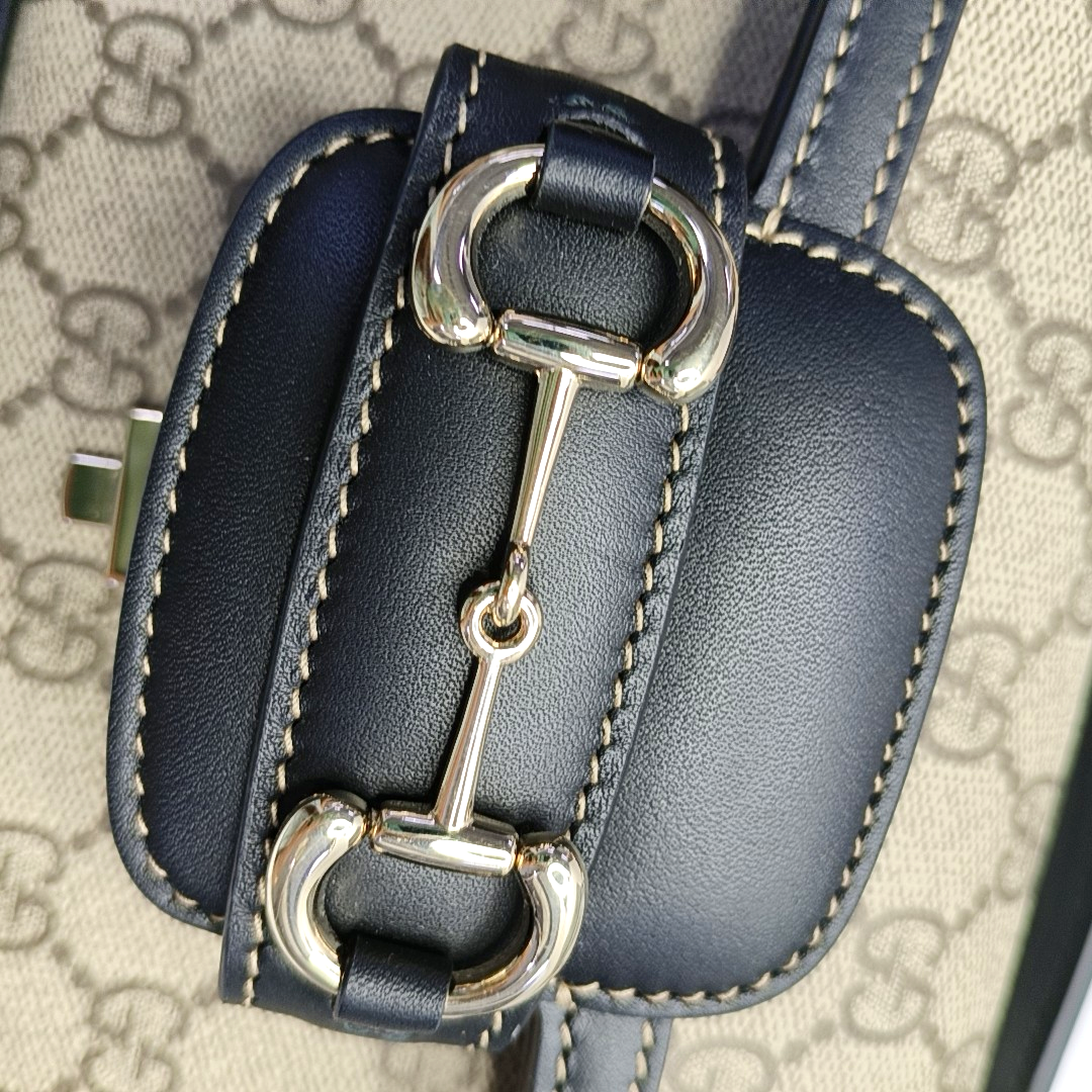 GUCCI Horsebit 1955 Small Size Beige Coated Canvas Monogram Horsebit Shoulder Bag Handbag Removable Strap Light Gold Hardware Complete Accessories-(SKU)-963431275