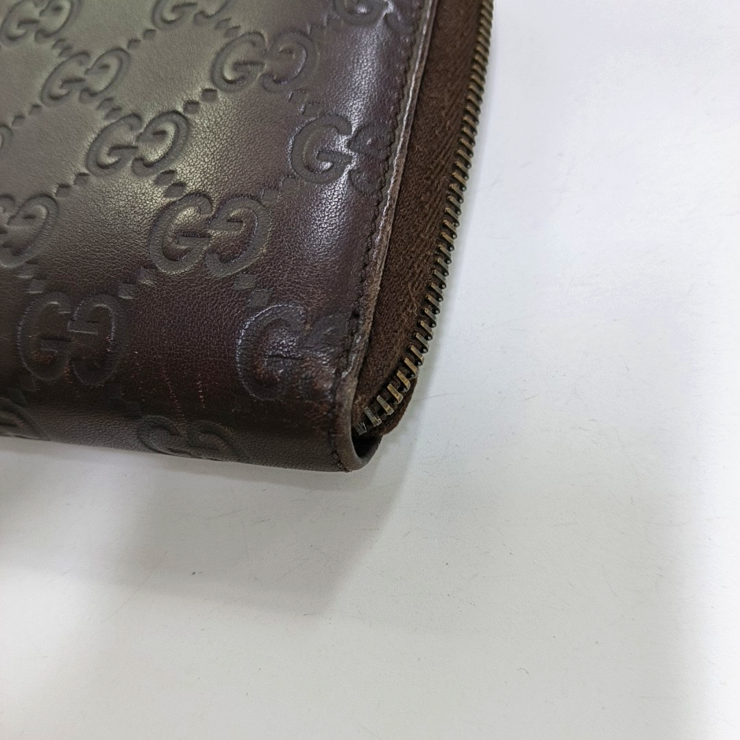 GUCCI Ligne Shima Dark Brown Cowhide Monogrammed Texture Wallet Silver Hardware-(SKU)-946371440