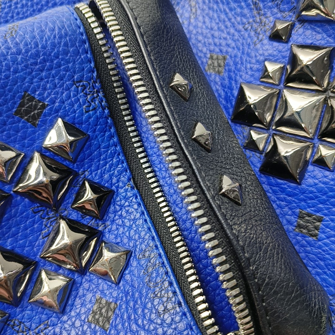 MCM STARK mini Blue Coated Canvas Monogrammed Stud Double Backpack Silver Black Hardware-(SKU)-943802065