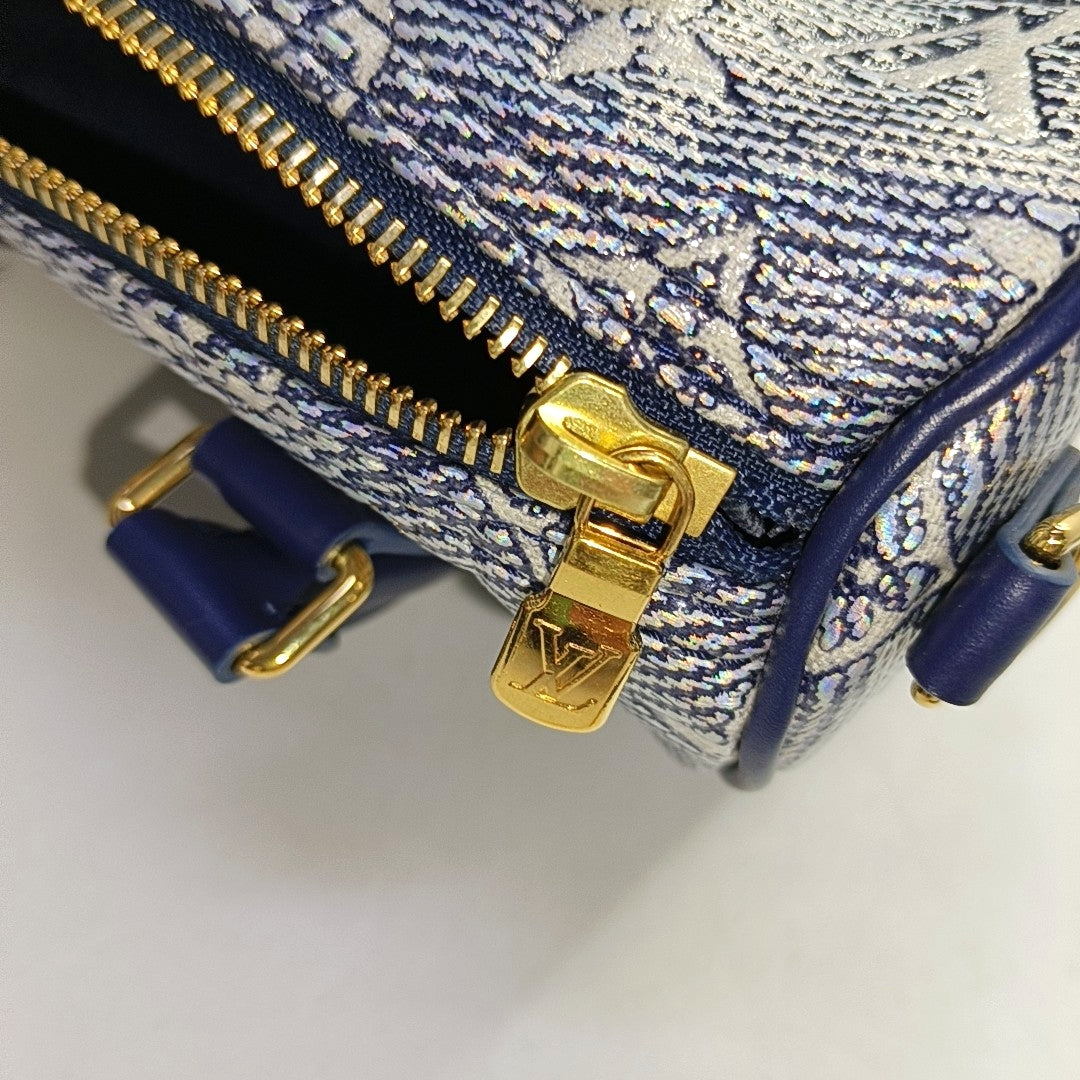 LOUIS VUITTON SPEEDY 20 Light Blue Special Material Monogram Embossed Boston Bag Crossbody Bag Shoulder Bag Tote Bag Adjustable Strap Golden Hardware Removable Strap-(SKU)-952606460