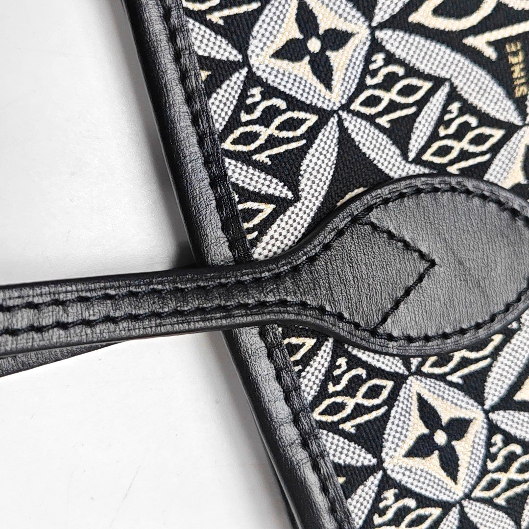 LOUIS VUITTON NEVERFULL Medium Black Fabric Floral Shopping Bag Shoulder Bag Tote Bag Gold Hardware Inner Pocket-(SKU)-970320625