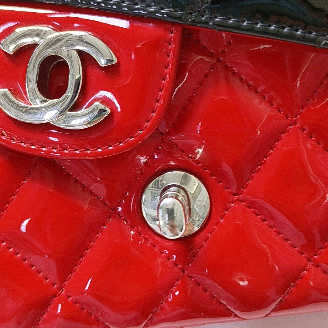 CHANEL CLASSIC FLAP Mini Color Block Patent Leather Quilted Shoulder Bag Tote Bag Crossbody Silver Hardware 29cm-(SKU)-969284636