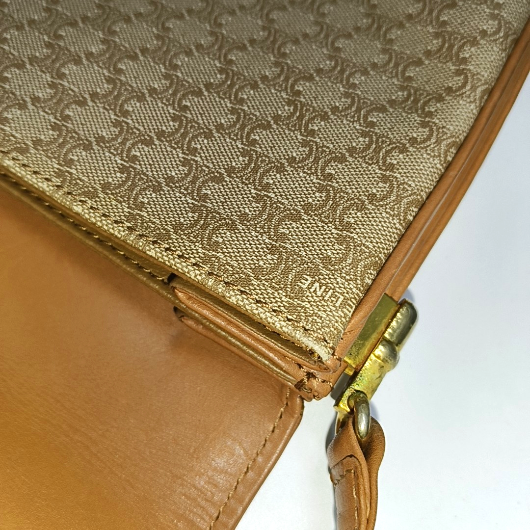 CELINE TABOU Beige coated canvas triumph gate single shoulder bag crossbody bag Golden hardware-(SKU)-14368008