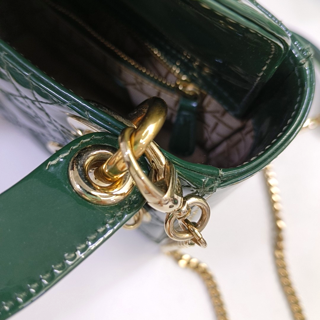 DIOR Lady Dior Mini Dark Green Patent Lamb Skin Quilted Diaper Bag 3-Compartment Shoulder Bag Tote Bag Crossbody Bag Golden Hardware Removable Strap-(SKU)-947300557