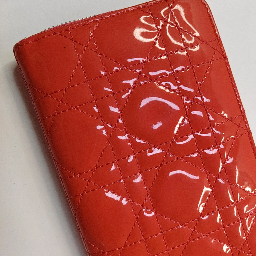DIOR Lady Dior Red patent leather wicker pattern quilted wallet Golden hardware-(SKU)-945065064