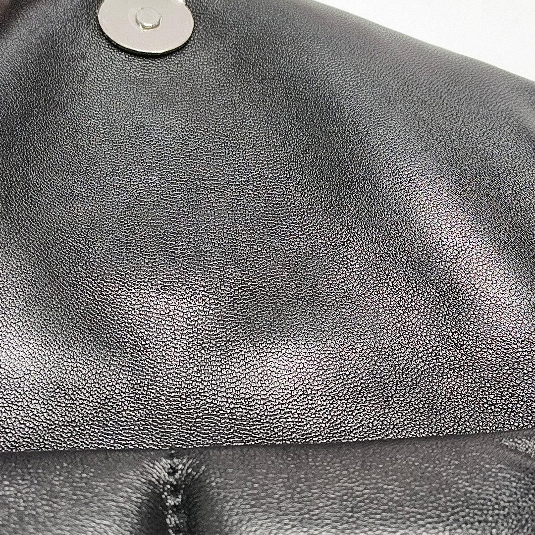 YSL PUFFER Mini Black Lamb Skin Quilted Envelope Bag, Crossbody and Shoulder Bag with Silver Hardware-(SKU)-971165723