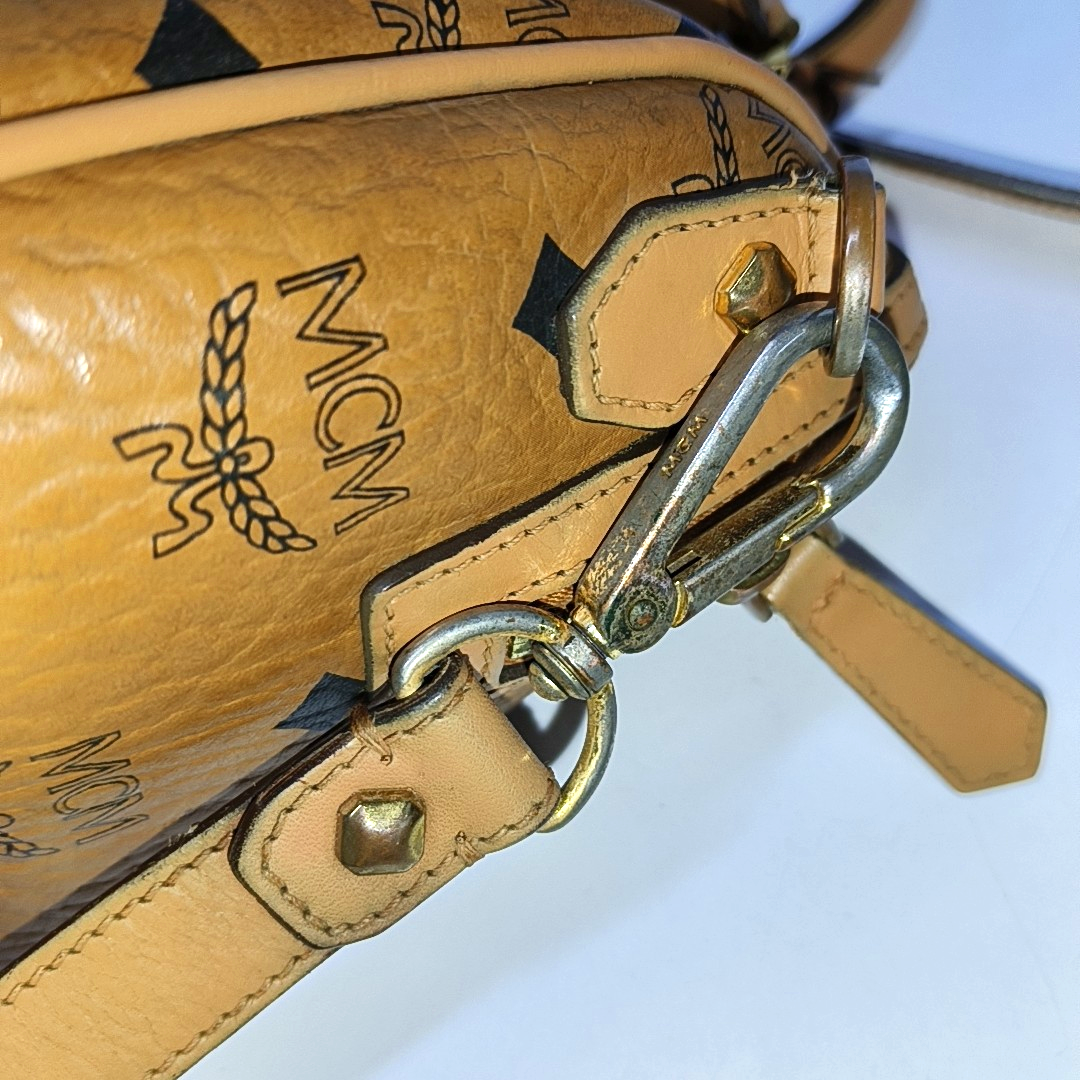 MCM ESSENTIAL Cognac Coated Canvas Monogram Print Boston Bag Single Shoulder Bag Handbag Crossbody Bag Golden hardware Removable shoulder strap-(SKU)-942033097