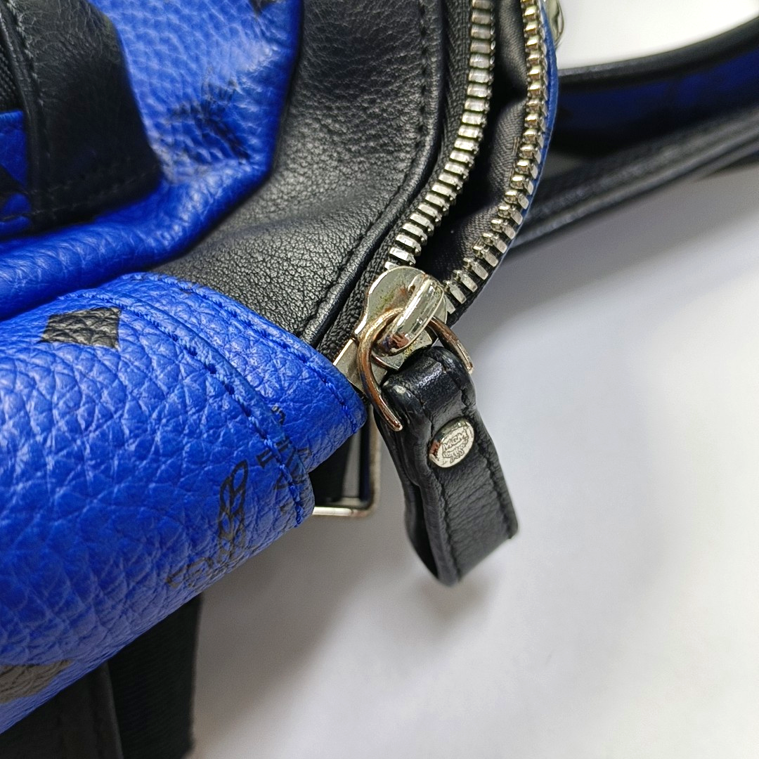MCM STARK mini Blue Coated Canvas Monogrammed Stud Double Backpack Silver Black Hardware-(SKU)-943802065
