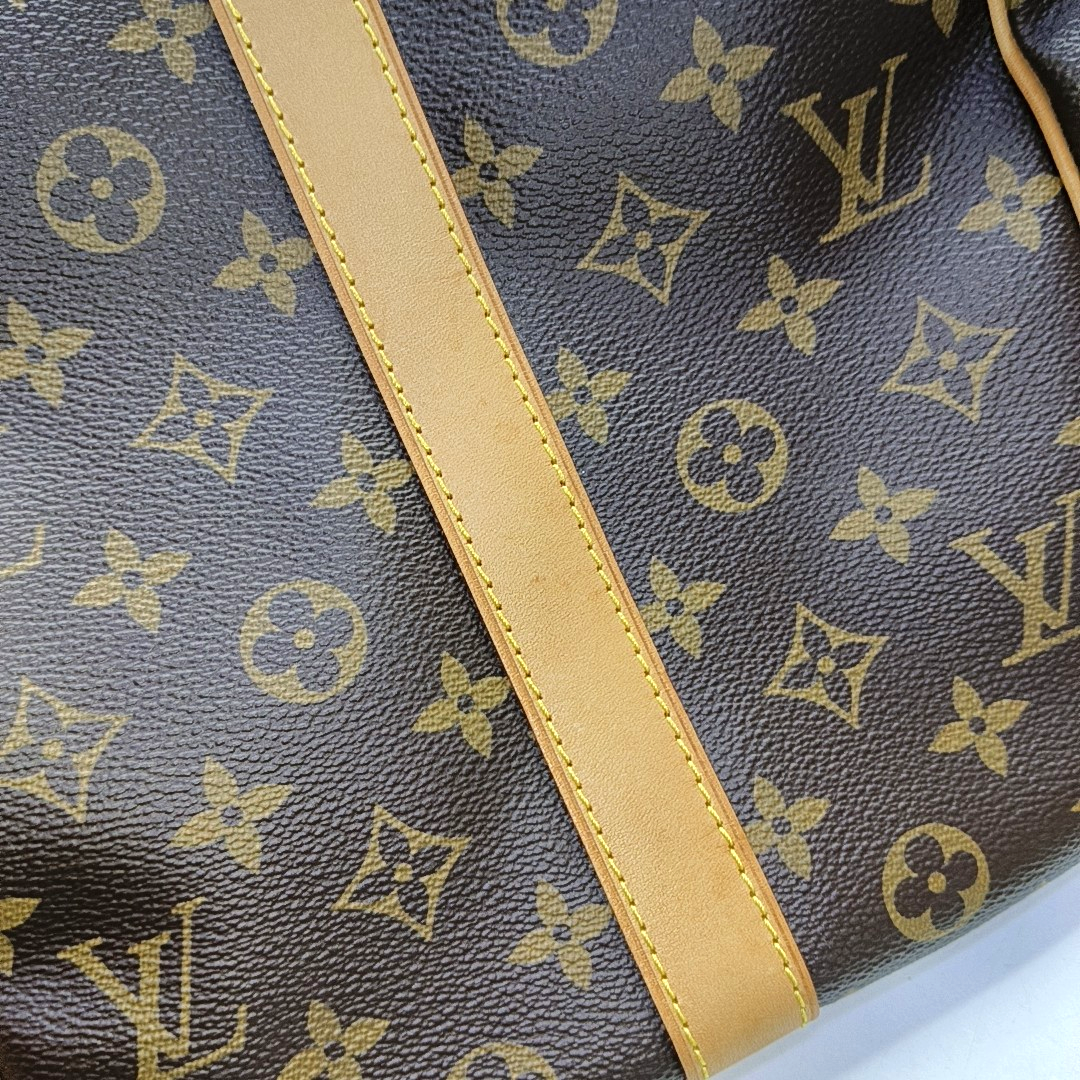 LOUIS VUITTON KEEPALL 50, brown coated canvas monogram Boston bag, shoulder bag, handbag with golden hardware and detachable strap-(SKU)-958409659
