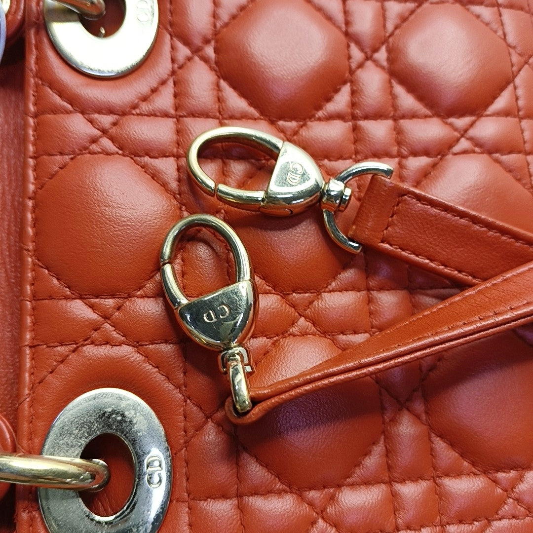 DIOR Lady Dior Mini Orange Lambskin Quilted Cannage Three Shoulder Bag, Crossbody Bag, Handbag with Detachable Strap-(SKU)-969826812