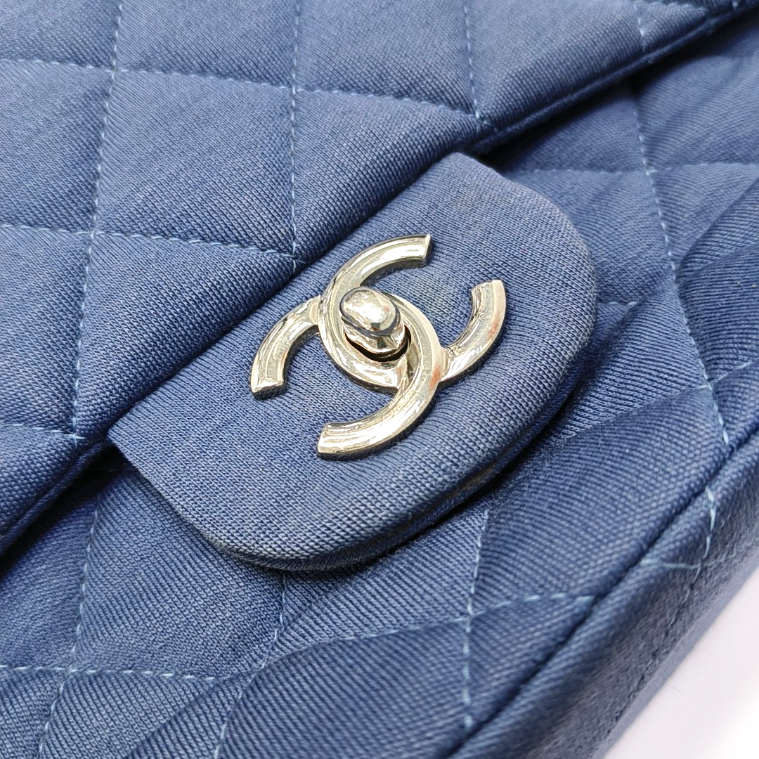 CHANEL CLASSIC FLAP Maxi Super Large Size Blue Fabric Quilted Jumbo Crossbody Shoulder Bag with 13 Clasp-(SKU)-957618087
