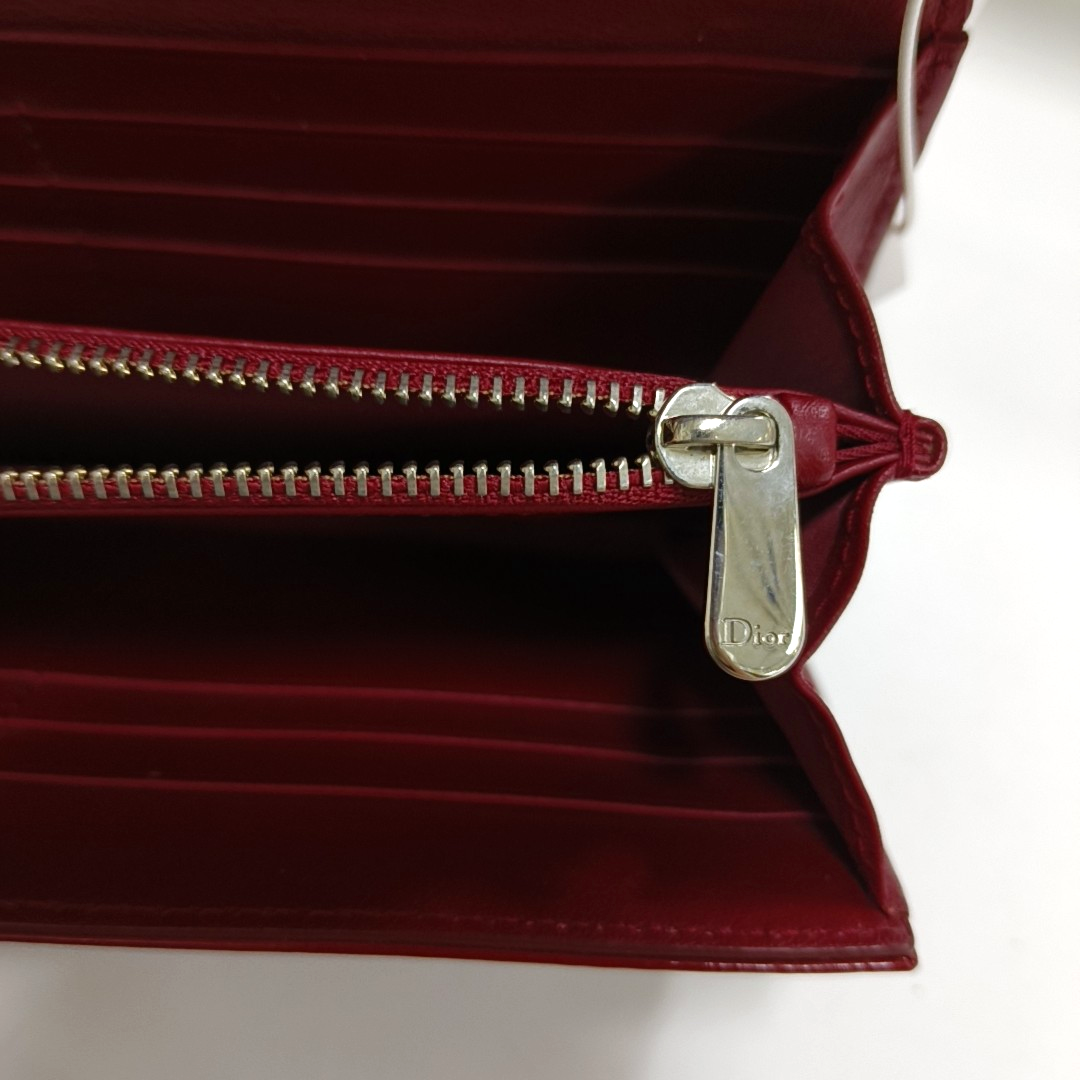 DIOR Lady Dior Burgundy Patent Leather Basketweave Stitched Wallet Golden hardware-(SKU)-950463180
