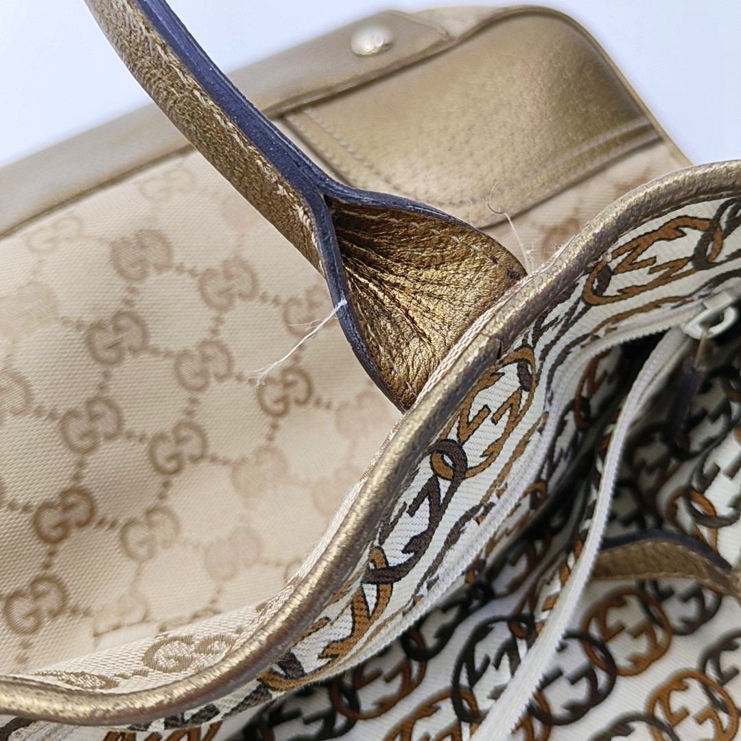GUCCI Princy Khaki Canvas Monogram Tote Bag Single Shoulder Bag Golden hardware-(SKU)-960034961