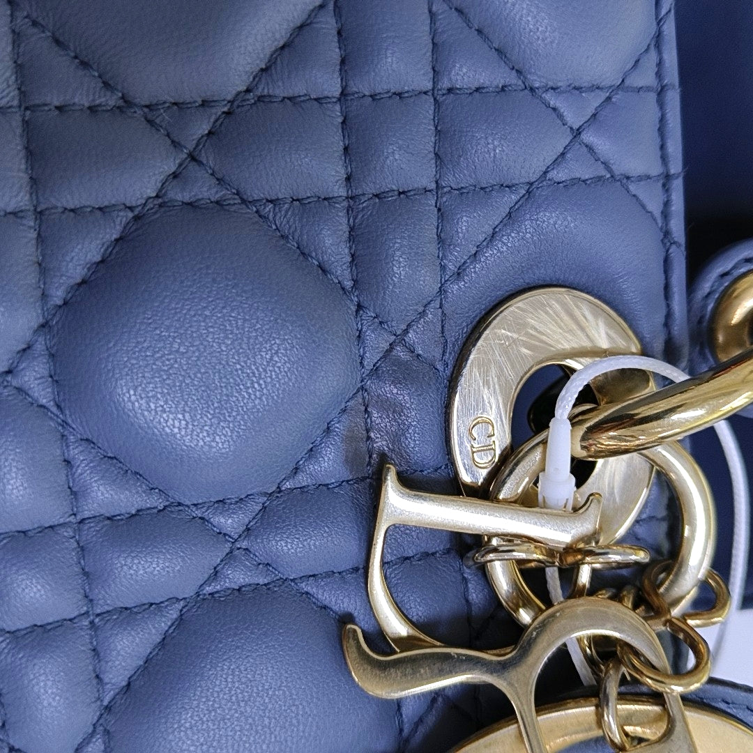 DIOR Lady Dior Small Light Blue Lamb Skin Quilted Diagonal Bag 4-Compartment Single Shoulder Bag Crossbody Handbag with Gold Hardware and Removable Shoulder Strap-(SKU)-967022715