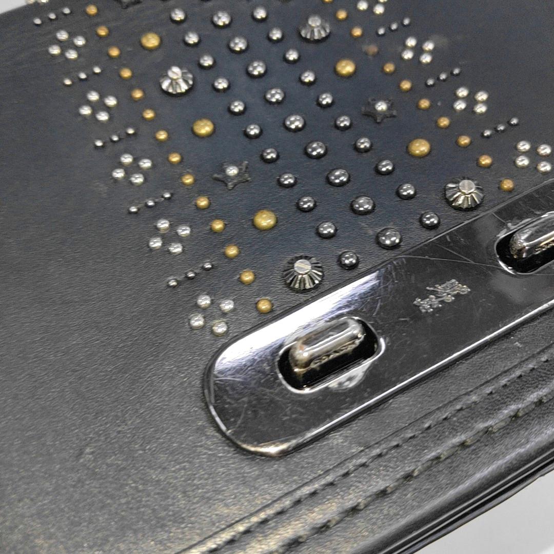 COACH SWAGGER Black Leather Studs Inlay Crossbody Bag Single Shoulder Bag Golden silver ruthenium color hardware-(SKU)-939036502