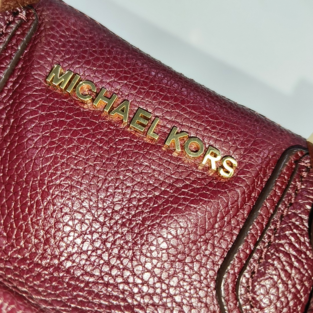 MICHAEL KORS Mercer Burgundy Cowhide Studs Handbag Single Shoulder Bag Crossbody Bag Golden hardware-(SKU)-14232692
