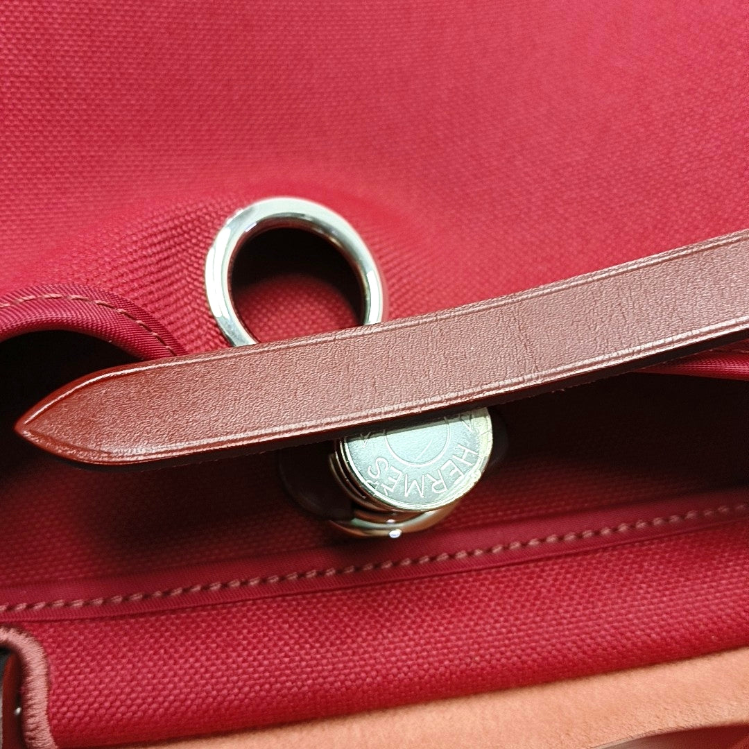 HERMÈS Herbag 31 Hermes Red Canvas Shoulder Bag Handbag Silver Hardware Y Engraving Removable Strap-(SKU)-970274118