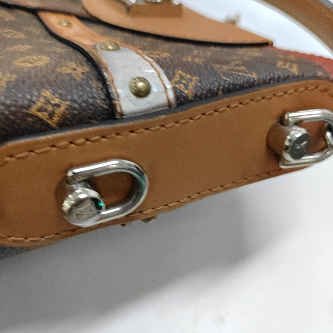 LOUIS VUITTON DUFFLE Brown Coated Canvas Monogram French Fry Shoulder Bag with Shoulder Strap, Silver Hardware, Removable Shoulder Strap-(SKU)-968214373