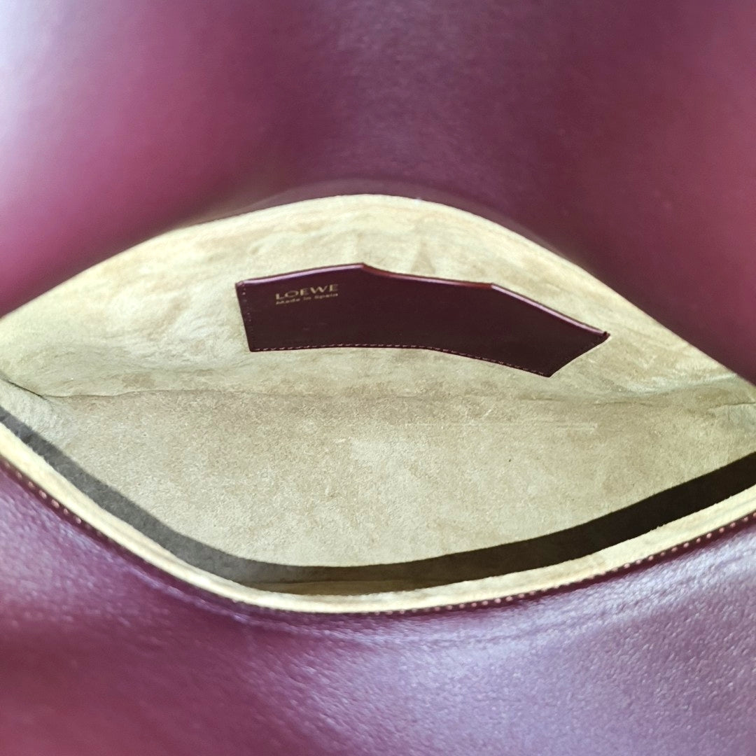 LOEWE Ola Medium Size Burgundy Calf Leather Single Shoulder Bag Golden Hardware Detachable Strap-(SKU)-967585188