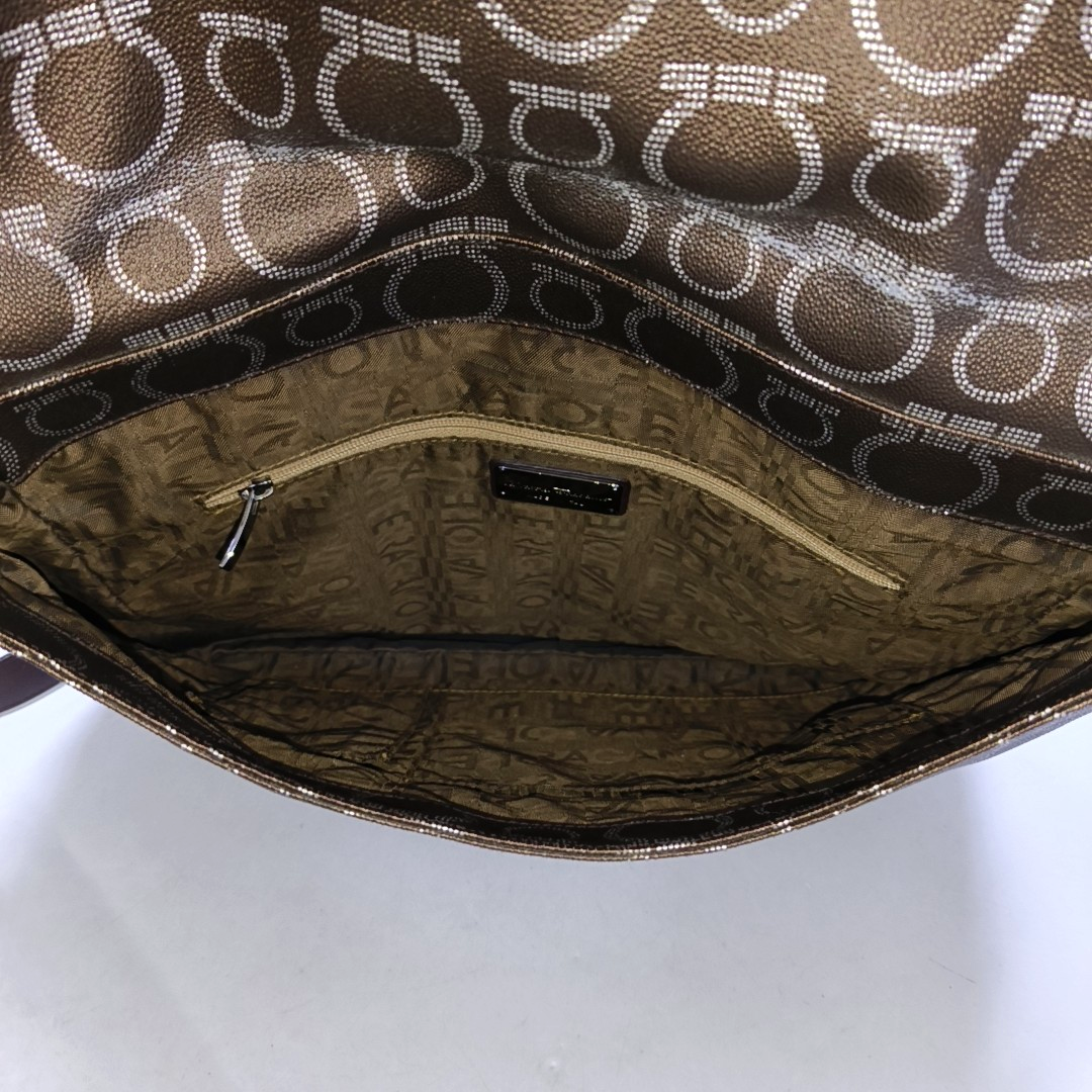 FERRAGAMO Dark Brown Coated Canvas Print Single Shoulder Bag Crossbody Bag Silver Hardware-(SKU)-952089727