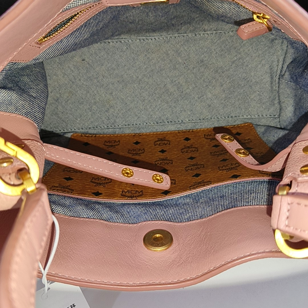 MCM Tote bag Pink Leather Studs Single Shoulder Bag Tote Bag Golden hardware Removable shoulder strap-(SKU)-944137906