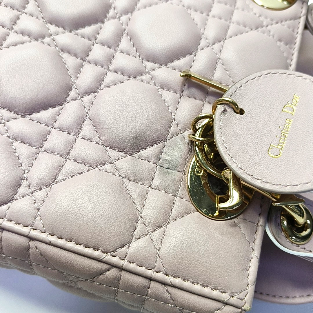 DIOR Lady Dior Small Pink Purple Lamb Skin Cannage 4-Compartment Shoulder Bag Crossbody Bag Gold Hardware Removable Strap-(SKU)-967754784