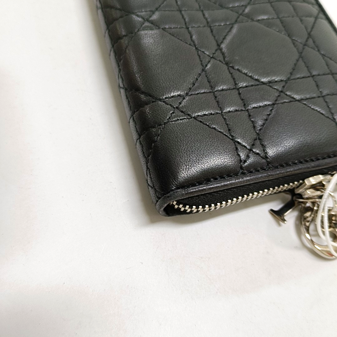 DIOR Lady Dior Black Lamb Leather chevron pattern Wallet Silver Hardware-(SKU)-951110032