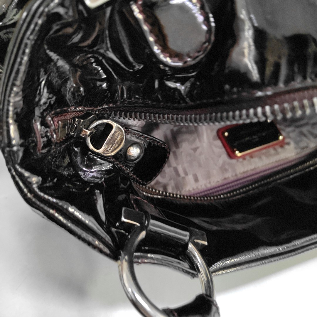 FERRAGAMO Marissa Black Patent Leather Tote Bag Silver Hardware-(SKU)-944545023