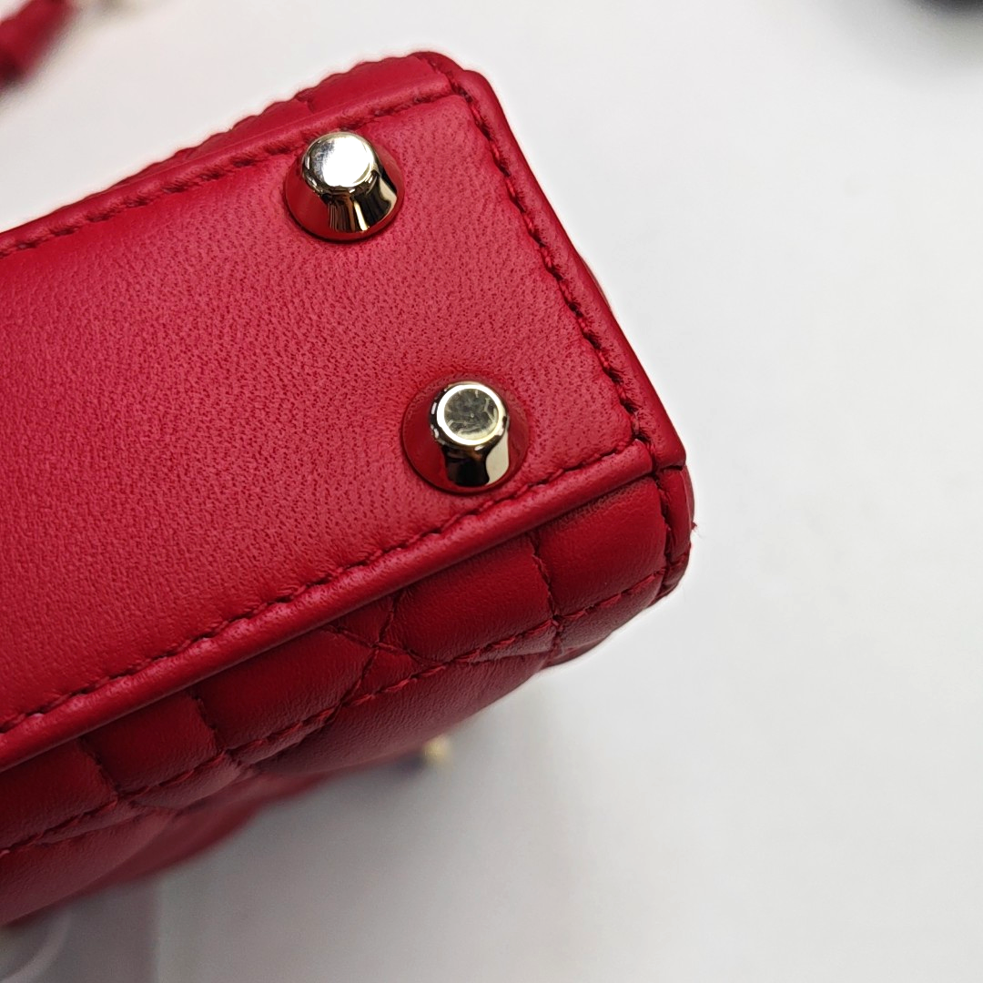 DIOR Lady Dior Super Mini Red Lamb Skin Cannage Embossed Three Compartment Crossbody Shoulder Bag Gold Hardware Removable Strap-(SKU)-952282248