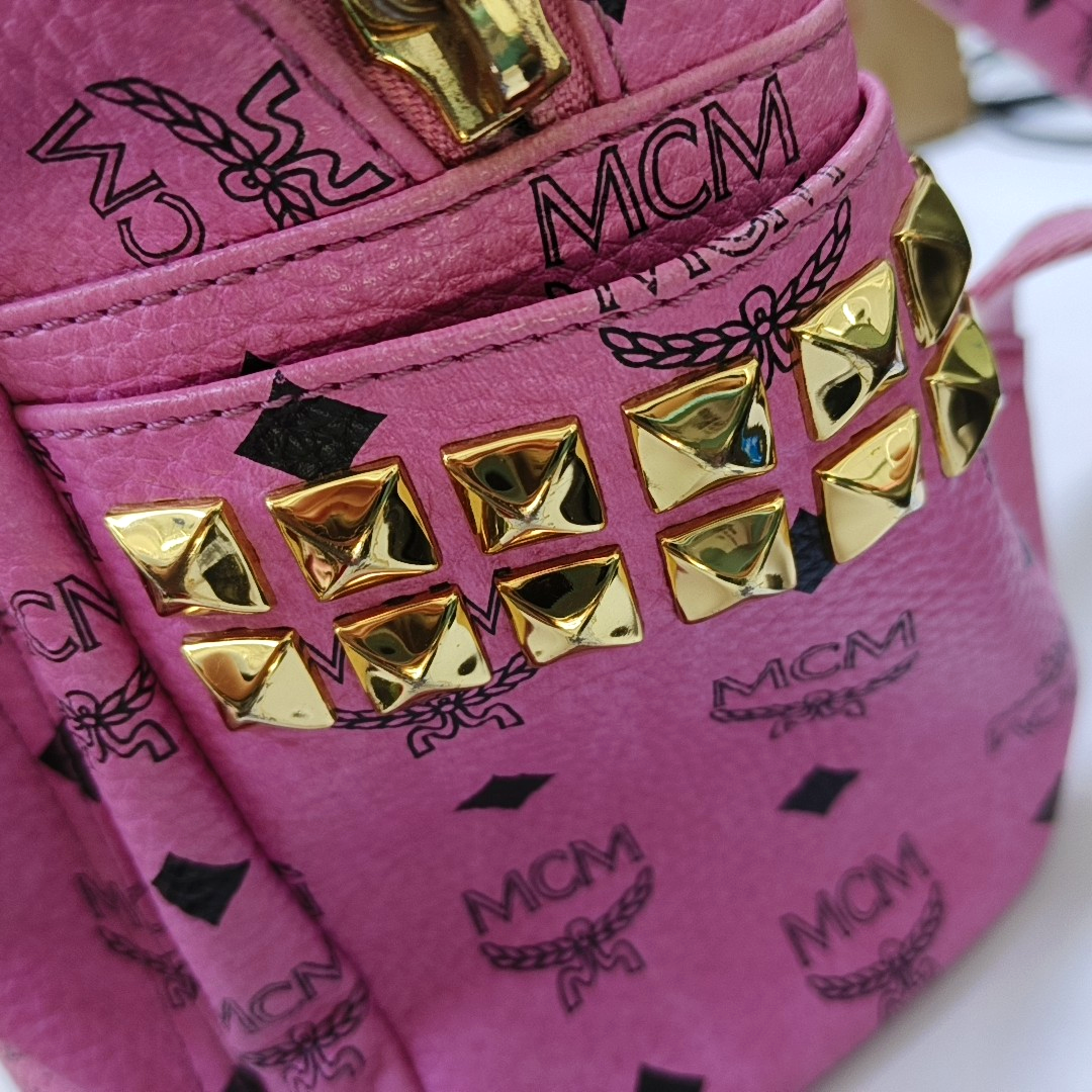 MCM STARK Small size Pink Coated Canvas Studs Double Shoulder Bag Golden hardware-(SKU)-940254240