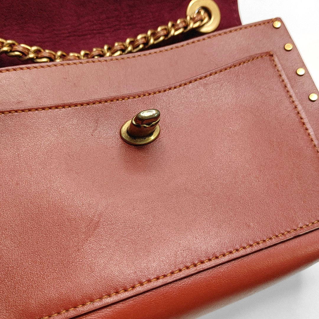 COACH PARKER 18 Brown Coated Canvas Monogrammed Studs Crossbody Shoulder Bag Golden hardware-(SKU)-944285676