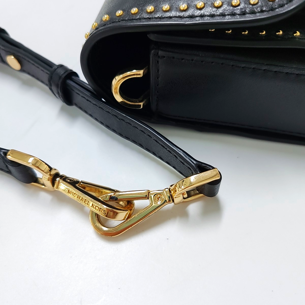 MICHAEL KORS Sloan Editor Medium size Black Leather Studs Single Shoulder Bag Golden hardware Removable shoulder strap-(SKU)-940342508