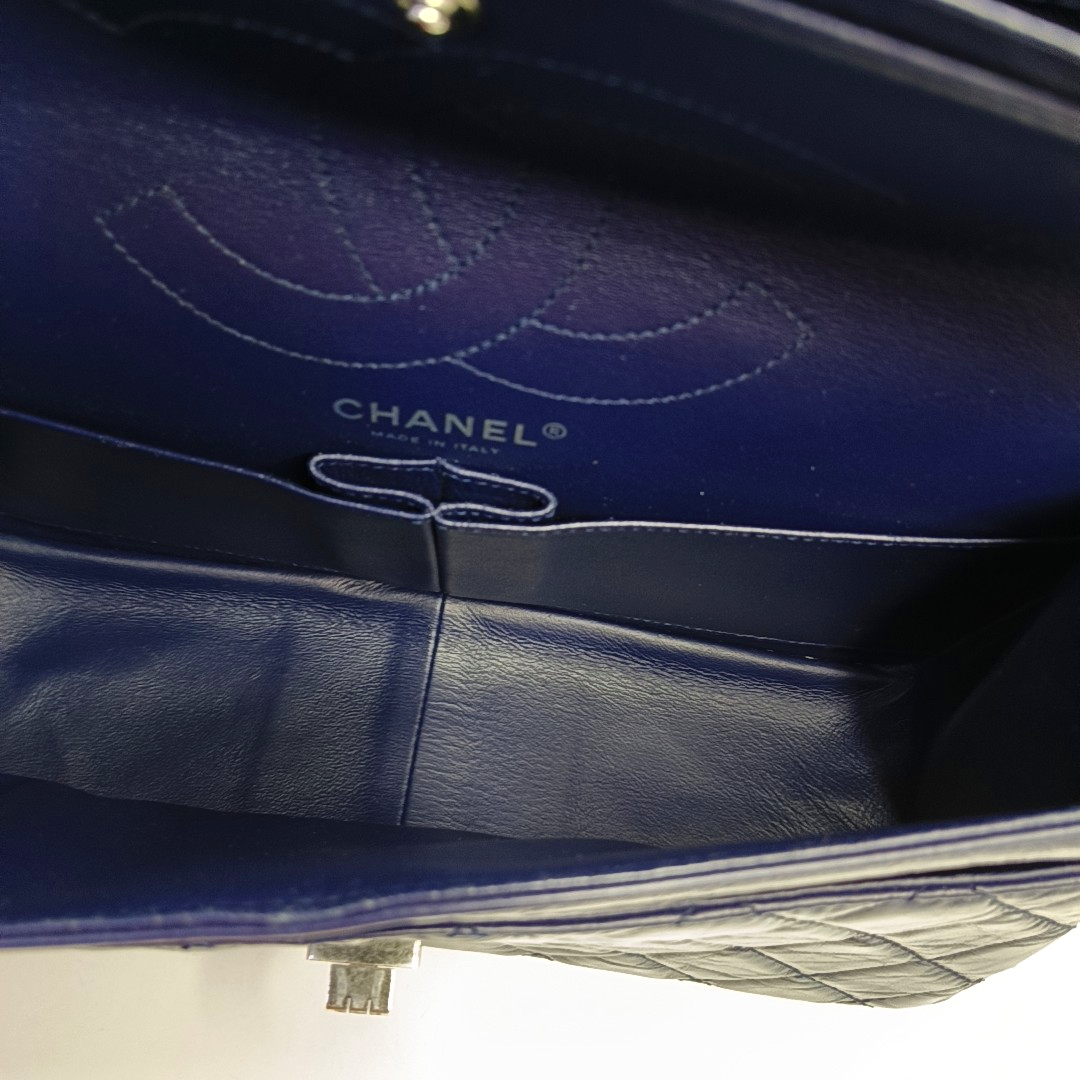 CHANEL 2.55 Large Deep Blue Vintage Calfskin Quilted Chevron Single Shoulder Bag with Palladium Hardware-(SKU)-955055136