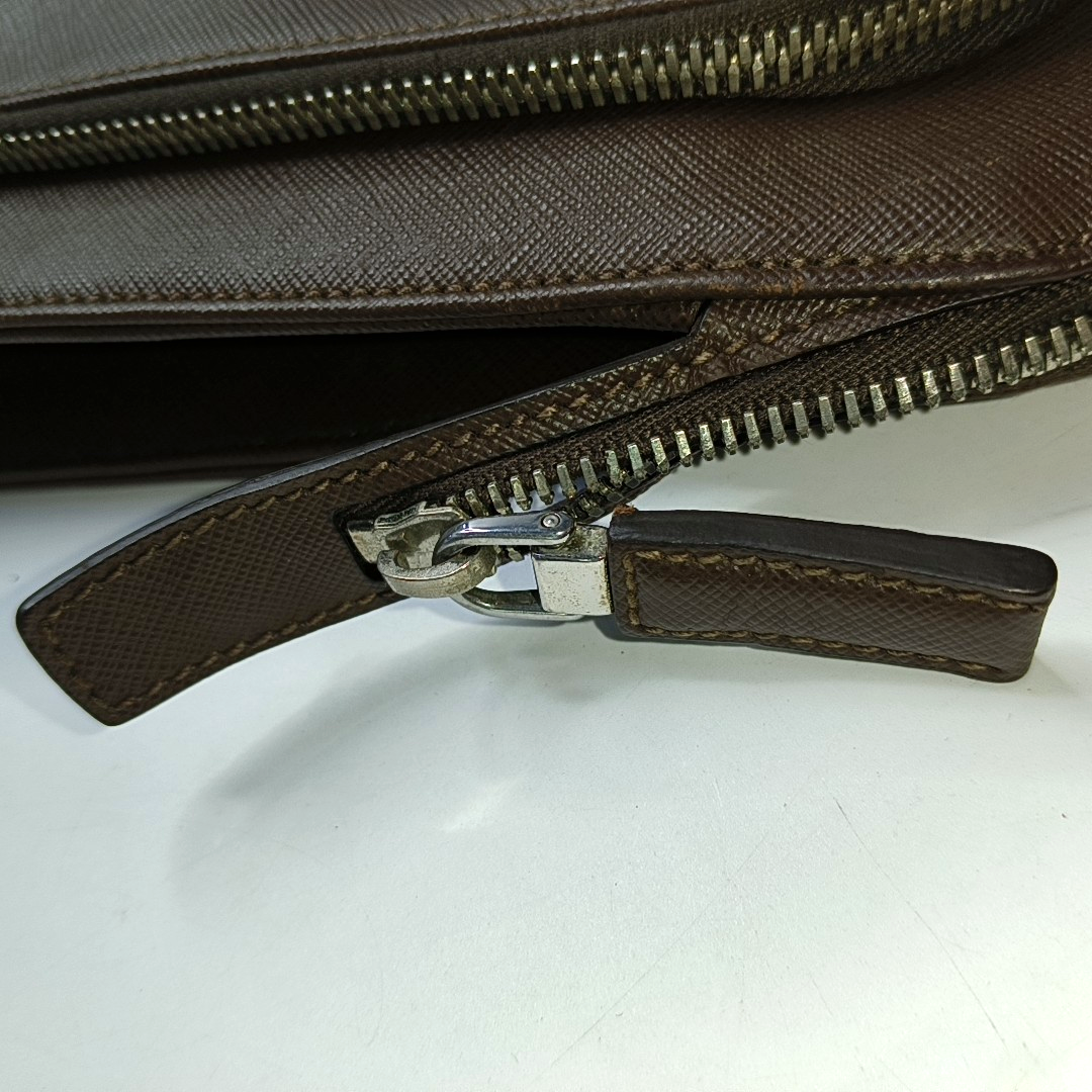 PRADA Dark Brown Cowhide Logo Crosshatch Handbag Silver Hardware-(SKU)-953376928