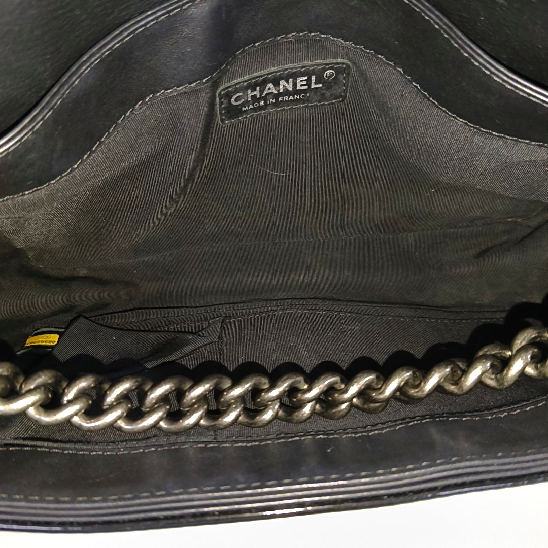 CHANEL BOY CHANEL Large Black Patent Leather Quilted Diagonal Shoulder Bag with Detachable Strap-(SKU)-14067527