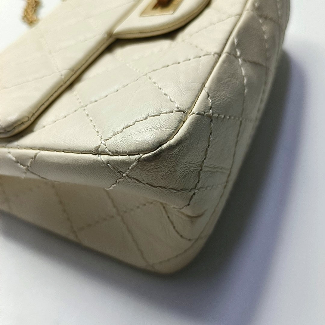 CHANEL 2.55 Mini White Calfskin Quilted Single Shoulder Bag Crossbody with Gold Hardware, 30 Clasp-(SKU)-967684071