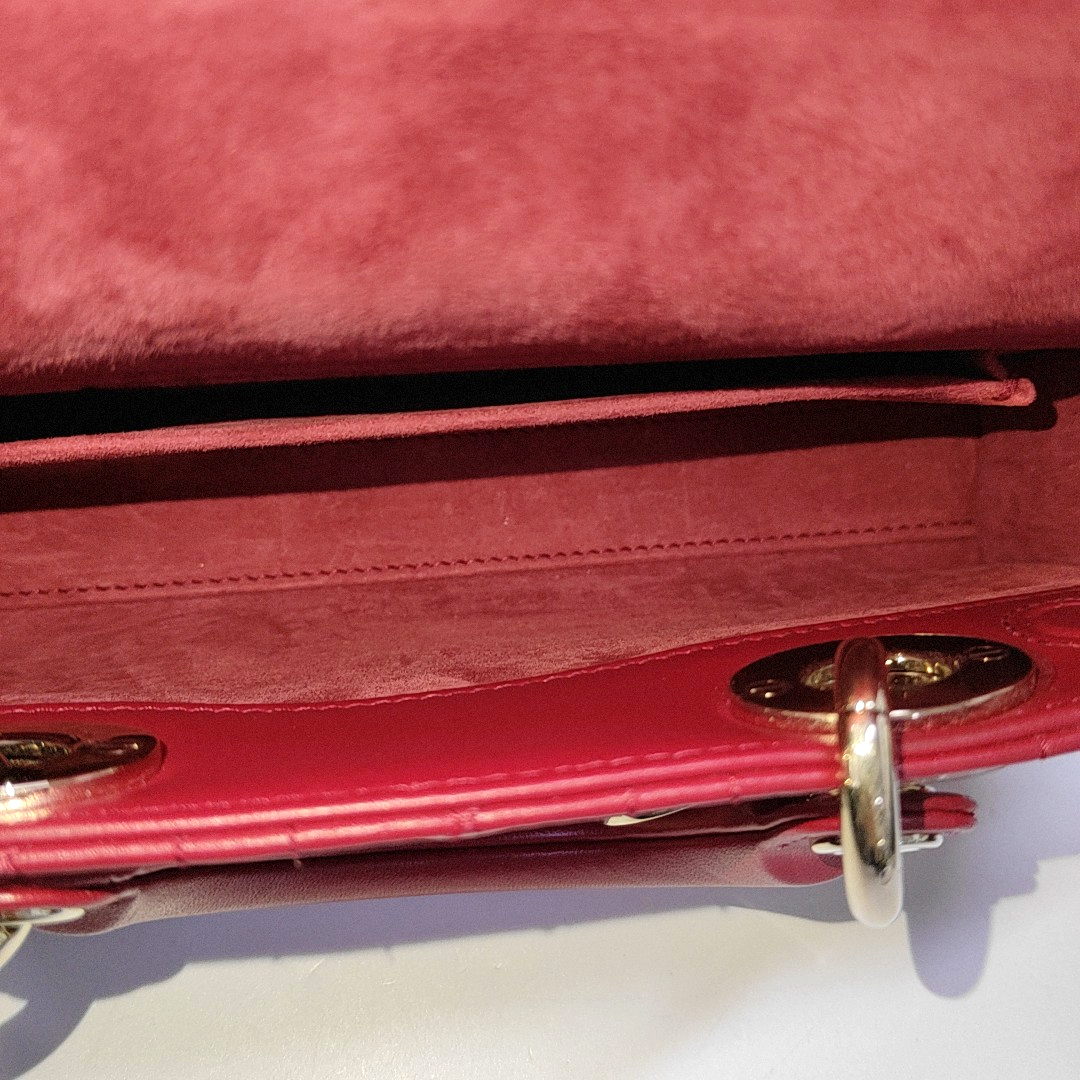 DIOR Lady D-Joy Small Red Lamb Skin Quilted Cannage Five-Panel Shoulder Bag with Detachable Strap, Gold Hardware-(SKU)-958281781