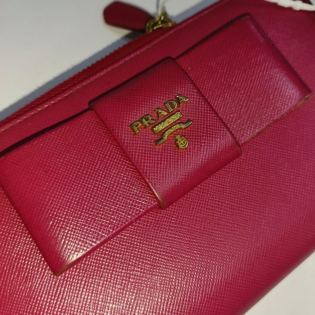 PRADA Fiocco Bow Red Leather Crosshatch Embossed Wallet Golden hardware-(SKU)-939810671