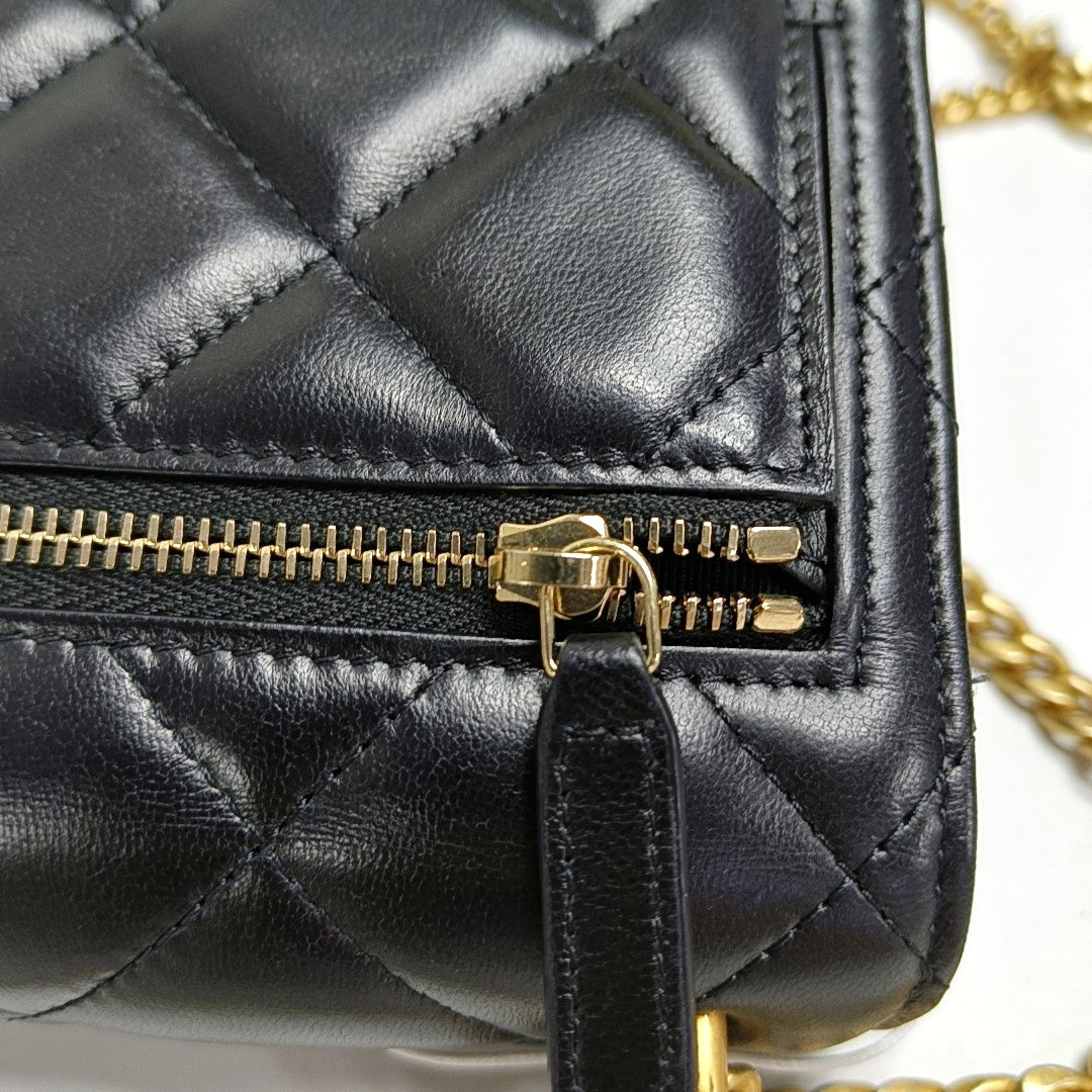 CHANEL WOC Black Lamb Skin Quilted Intrecciato Crossbody Bag, Shoulder Bag, Golden Hardware, 31 Clasp-(SKU)-970987317