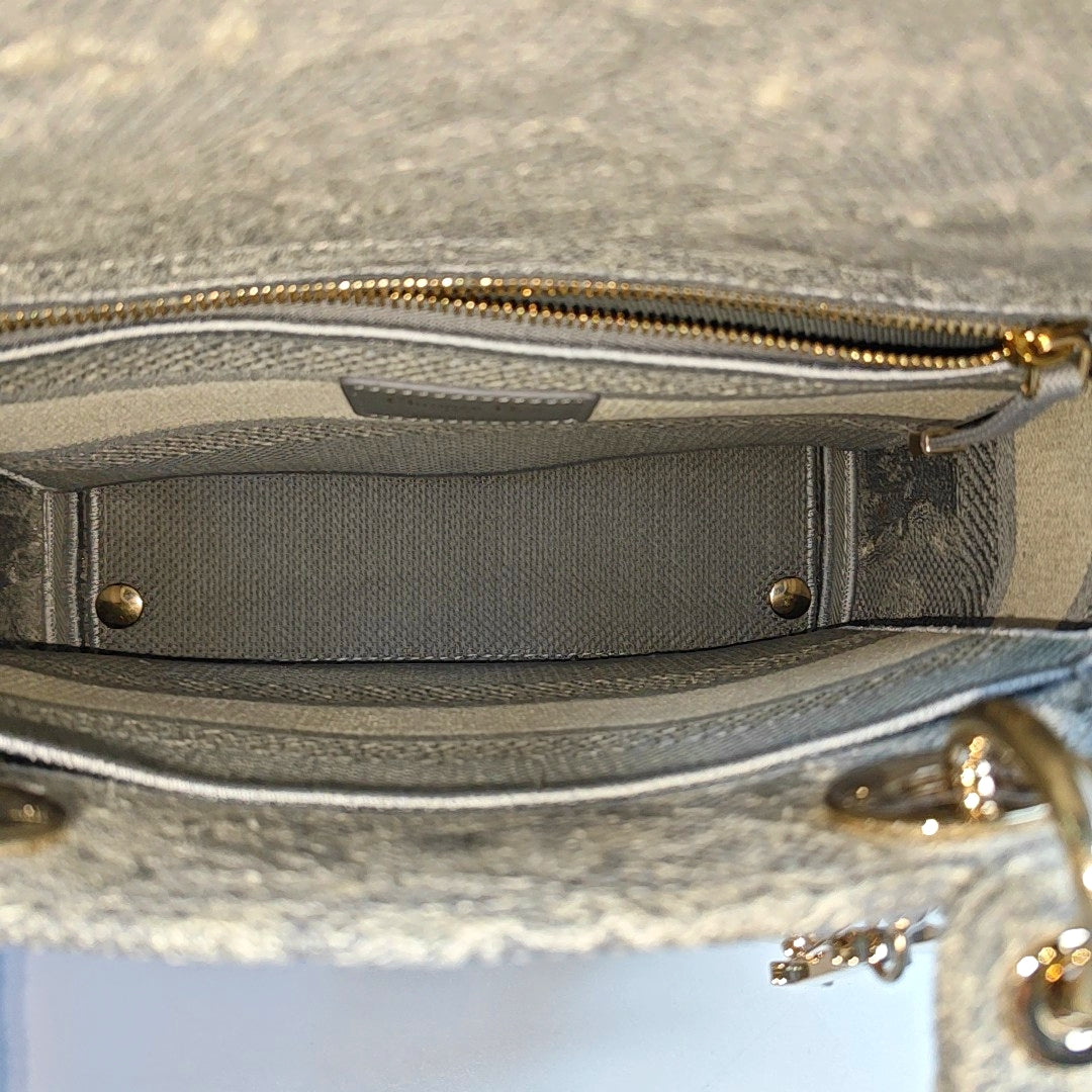 DIOR Lady D-Lite medium size grey fabric embroidered handbag gold hardware detachable shoulder strap-(SKU)-965432994