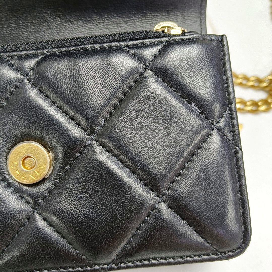 CHANEL WOC Black Lamb Skin Quilted Intrecciato Crossbody Bag, Shoulder Bag, Golden Hardware, 31 Clasp-(SKU)-970987317